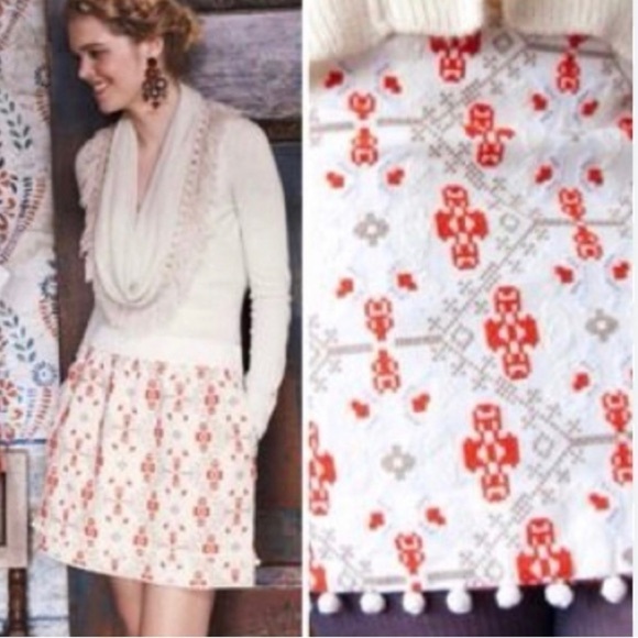 Anthropologie Maeve Blomma Embroidered Cross stitch Pom Pom skirt size… - Picture 2 of 14